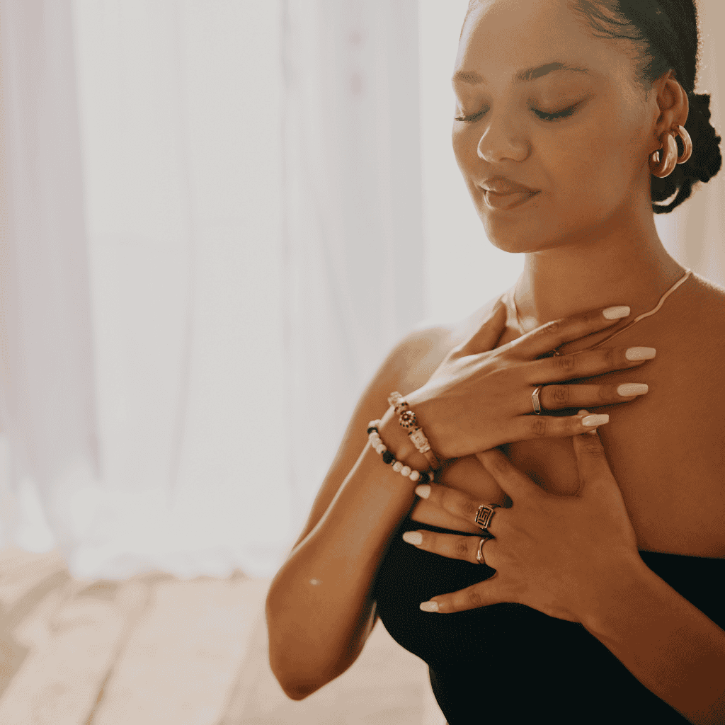 Woman breathing calming roll-ons for well-being