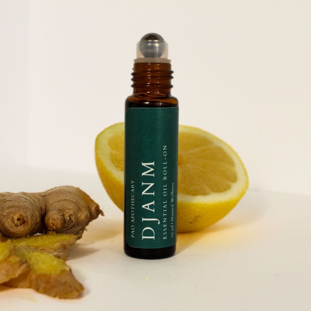 ginger essential oil blend roller with lemon, peppermint, eucalyptus